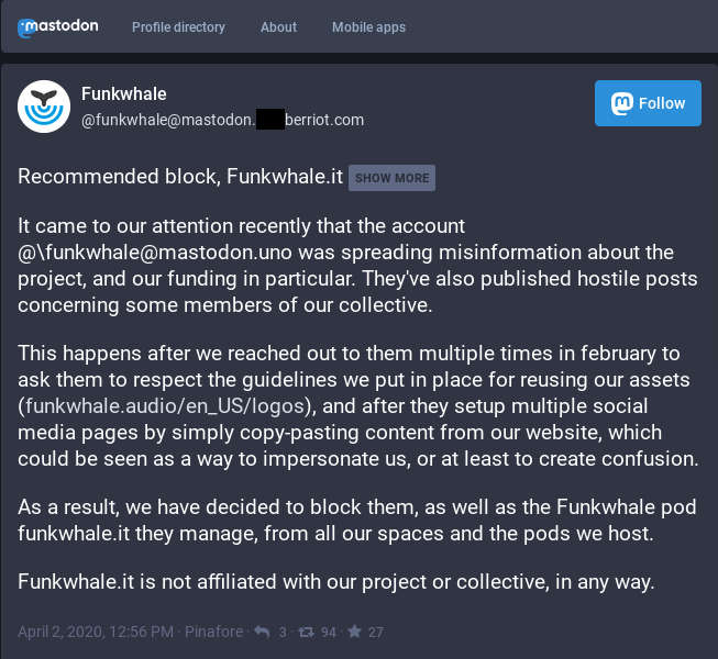 Funkwhale collective invites to block FunkwhaleIt pod and its official Mastodon account.